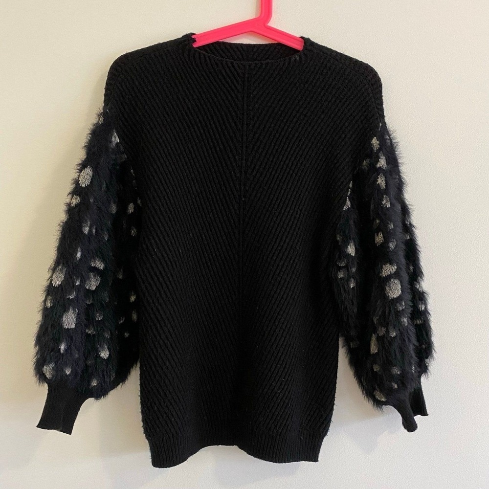 Anthropologie Knitted & Knotted Mock Neck Fuzzy Sleeve Sweater Size XS‎ Black
